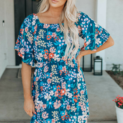 Blue Boho Floral Print Mini Dress