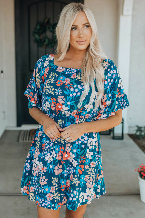 Blue Boho Floral Print Mini Dress