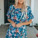  Blue Boho Floral Print Mini Dress