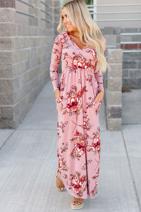 Floral Long Sleeve V-Neck Maxi Dress