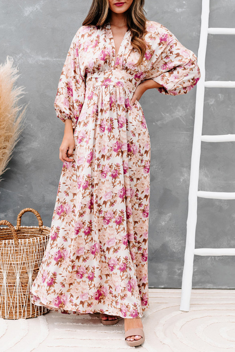 Floral Print High Waist Long Sleeve Maxi Dress