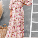 Floral Print High Waist Long Sleeve Maxi Dress