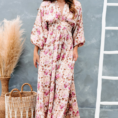 Floral Print High Waist Long Sleeve Maxi Dress