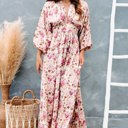  Floral Print High Waist Long Sleeve Maxi Dress