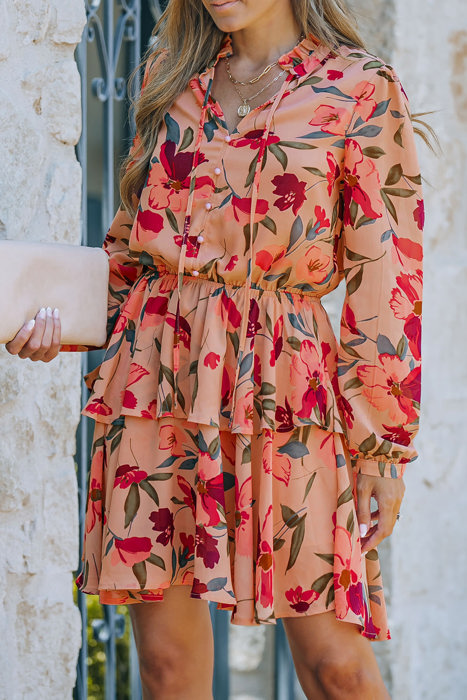 Floral V Neck Puff Sleeve Ruffled Dress