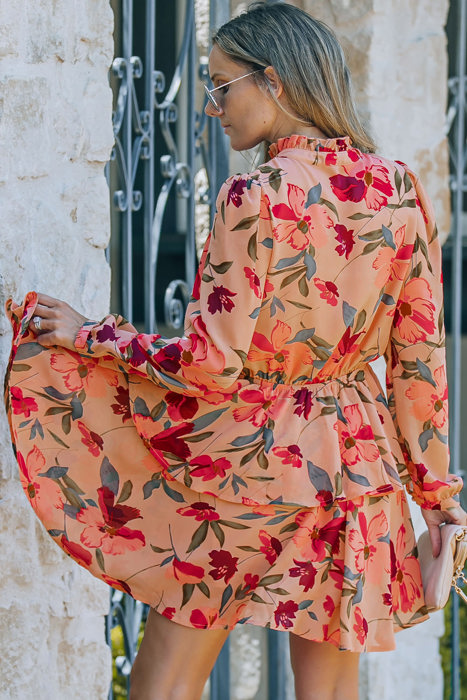 Floral V Neck Puff Sleeve Ruffled Dress