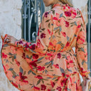  Floral V Neck Puff Sleeve Ruffled Dress