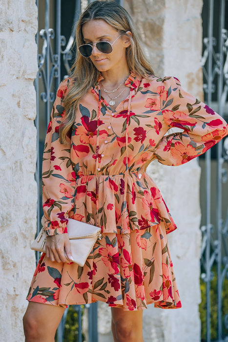 Floral V Neck Puff Sleeve Ruffled Dress