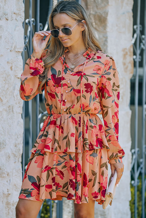Floral V Neck Puff Sleeve Ruffled Dress