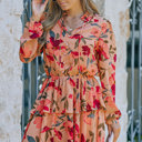  Floral V Neck Puff Sleeve Ruffled Dress
