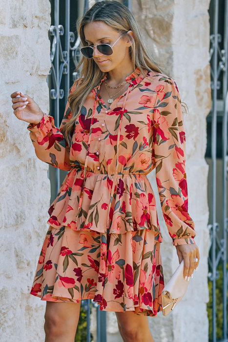 Floral V Neck Puff Sleeve Ruffled Dress