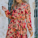  Floral V Neck Puff Sleeve Ruffled Dress