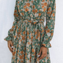  Pleated Long Sleeve Maxi Floral Dress with Tie