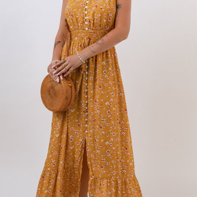 V-Neck Elastic Waist Floral Maxi Dress