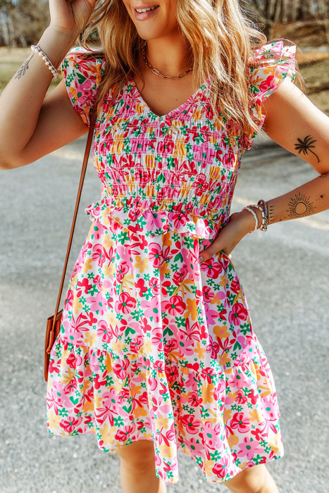 Smocked Bodice Ruffle Trim Floral Mini Dress