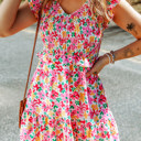  Smocked Bodice Ruffle Trim Floral Mini Dress