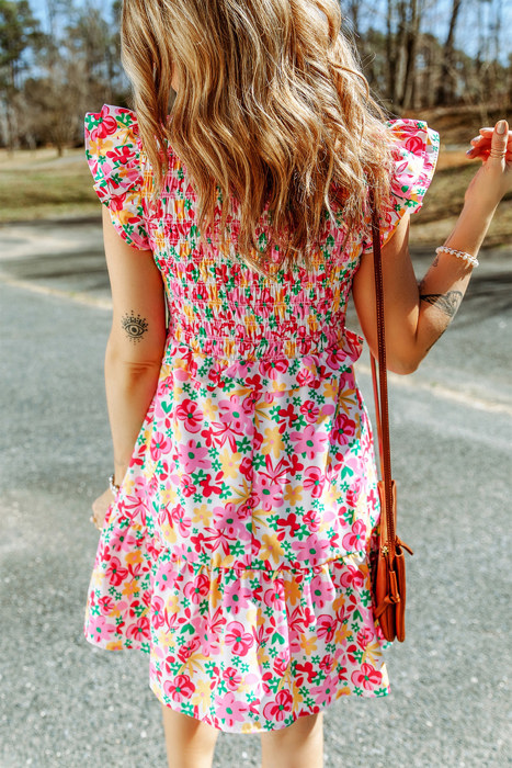 Smocked Bodice Ruffle Trim Floral Mini Dress