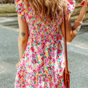  Smocked Bodice Ruffle Trim Floral Mini Dress