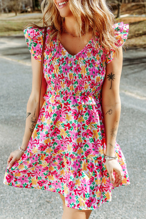 Smocked Bodice Ruffle Trim Floral Mini Dress