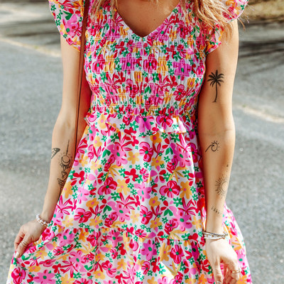 Smocked Bodice Ruffle Trim Floral Mini Dress