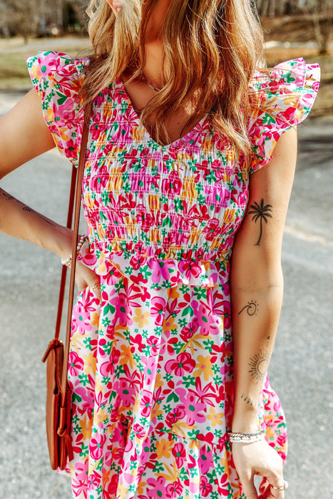 Smocked Bodice Ruffle Trim Floral Mini Dress