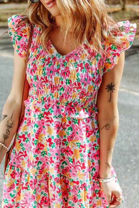 Smocked Bodice Ruffle Trim Floral Mini Dress