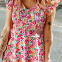  Smocked Bodice Ruffle Trim Floral Mini Dress