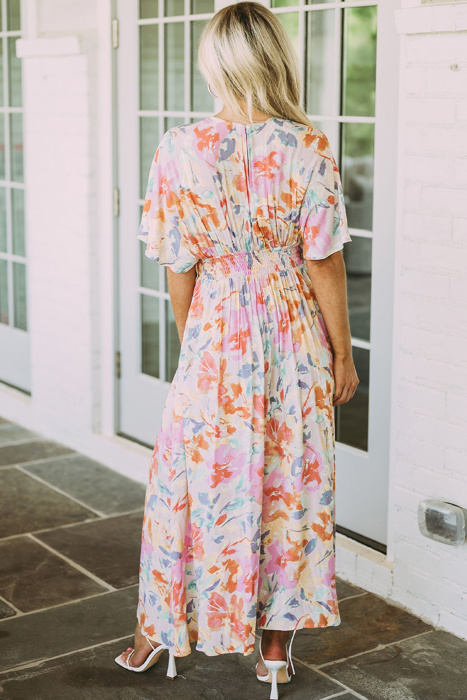 Tropical Floral Ruched V Neck Maxi Dress