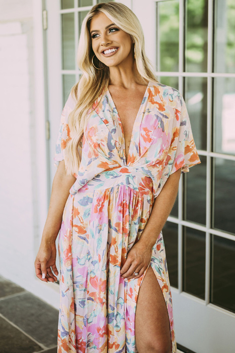 Tropical Floral Ruched V Neck Maxi Dress