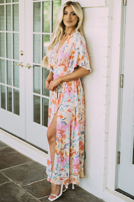 Tropical Floral Ruched V Neck Maxi Dress