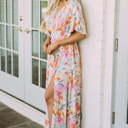  Tropical Floral Ruched V Neck Maxi Dress