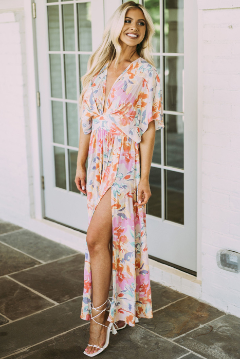 Tropical Floral Ruched V Neck Maxi Dress