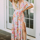  Tropical Floral Ruched V Neck Maxi Dress