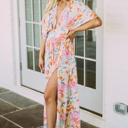  Tropical Floral Ruched V Neck Maxi Dress