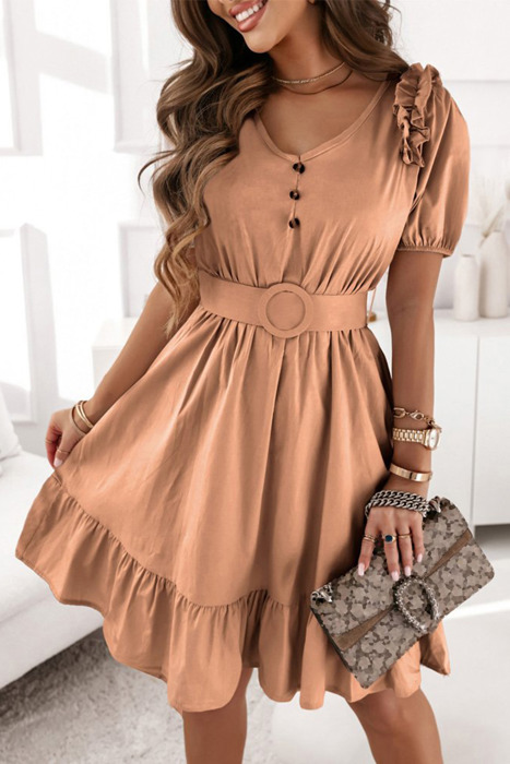 Ruffled V neck Belted Mini Dress