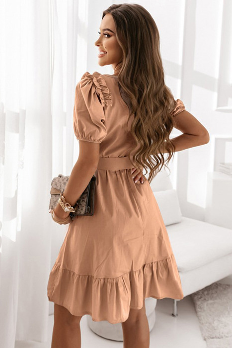 Ruffled V neck Belted Mini Dress