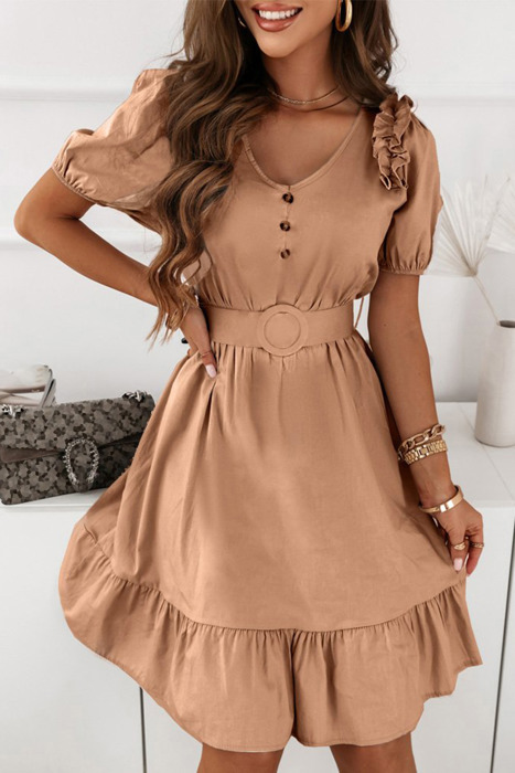 Ruffled V neck Belted Mini Dress