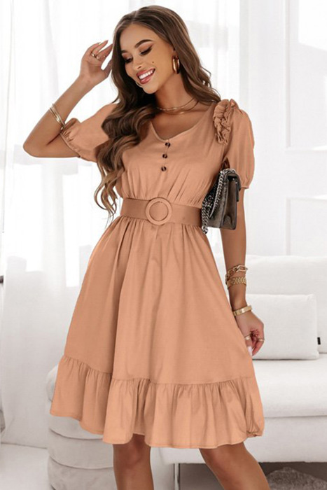 Ruffled V neck Belted Mini Dress