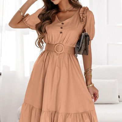 Ruffled V neck Belted Mini Dress