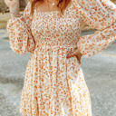  Boho Floral Smocked Puff Sleeve Mini Dress