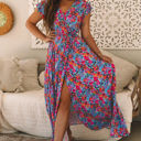  Floral Print V Neck Wrap Split Maxi Dress