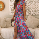  Floral Print V Neck Wrap Split Maxi Dress