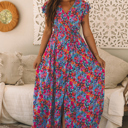  Floral Print V Neck Wrap Split Maxi Dress