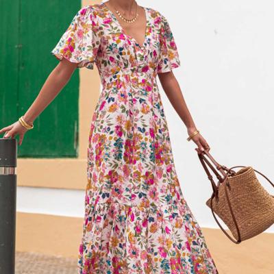 Floral Short Sleeve V Neck High Waist Maxi Dress