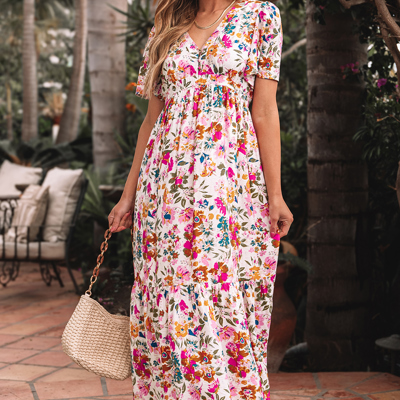 Floral Short Sleeve V Neck High Waist Maxi Dress