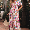 Medium Floral Short Sleeve V Neck High Waist Maxi Dress