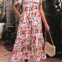 Large Floral Short Sleeve V Neck High Waist Maxi Dress