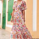  Floral Short Sleeve V Neck High Waist Maxi Dress