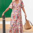 Floral Short Sleeve V Neck High Waist Maxi Dress
