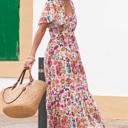  Floral Short Sleeve V Neck High Waist Maxi Dress